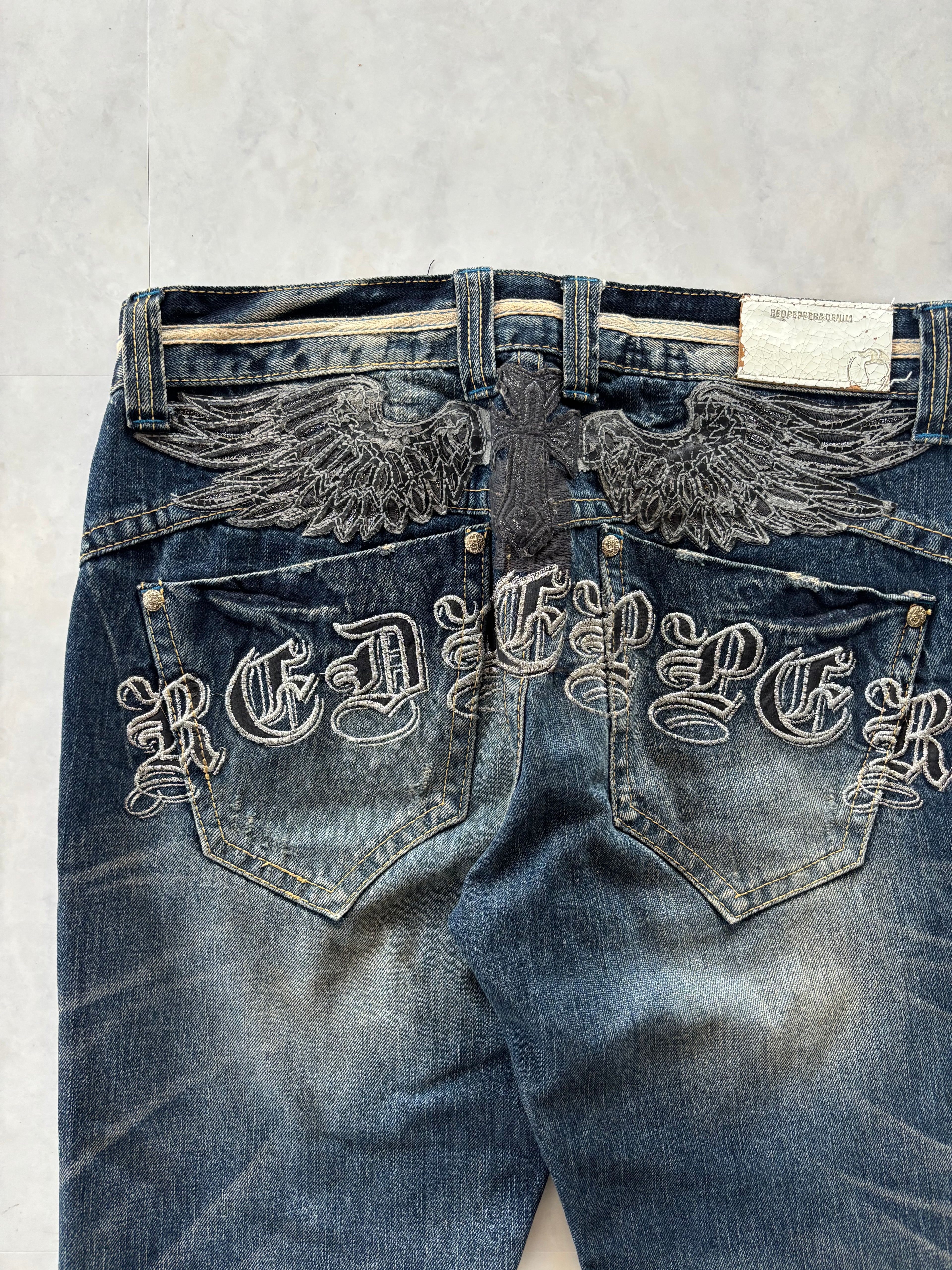 RED PEPPER skull heavy embroidery denim