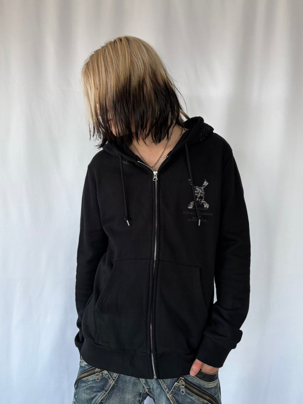 ROEN BLACKOUT SWAROVSKI SKULL ZIP HOODIE