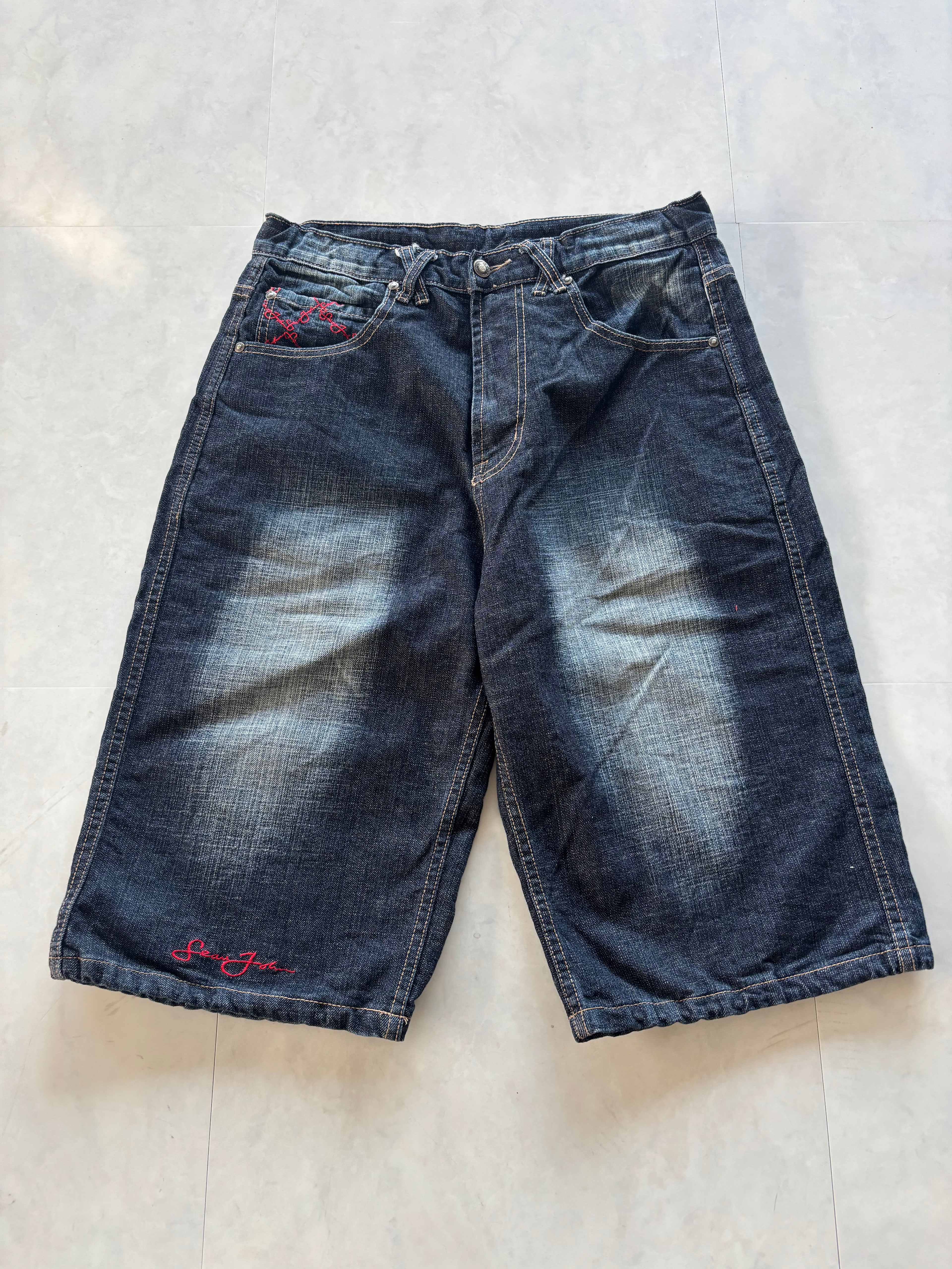 SEAN JOHN Red Monogram Embroidery Denim Shorts