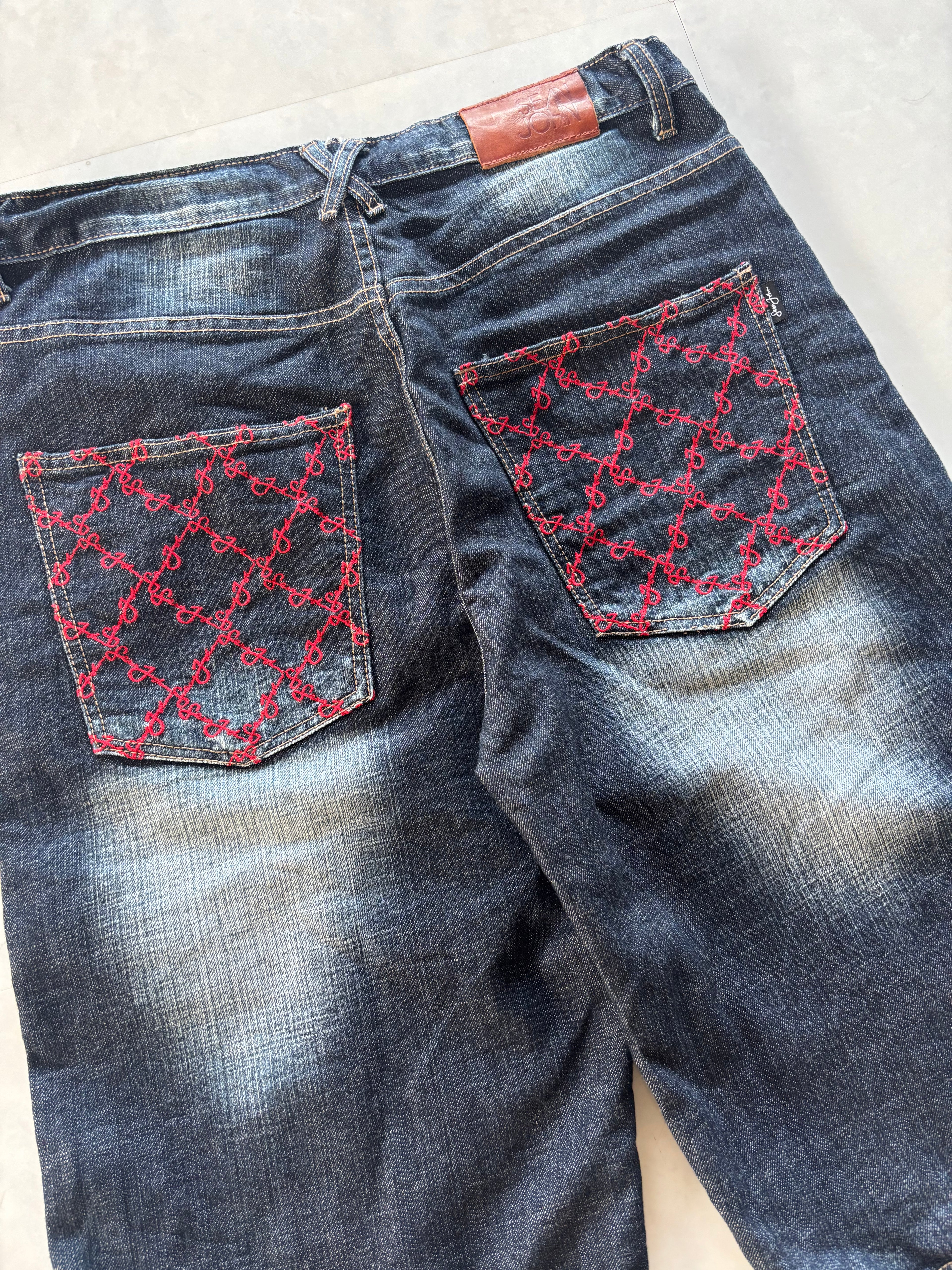 SEAN JOHN Red Monogram Embroidery Denim Shorts