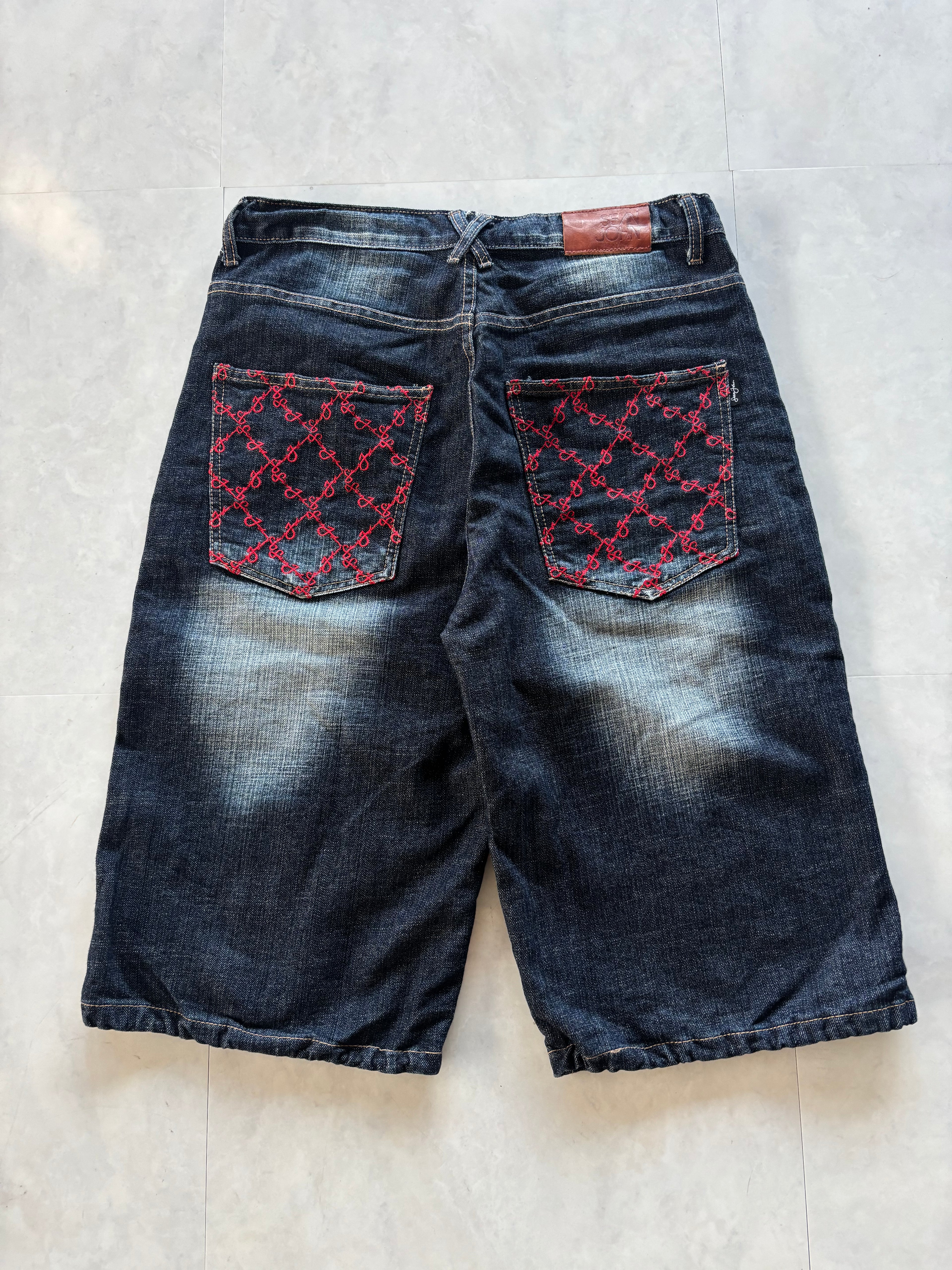 SEAN JOHN Red Monogram Embroidery Denim Shorts