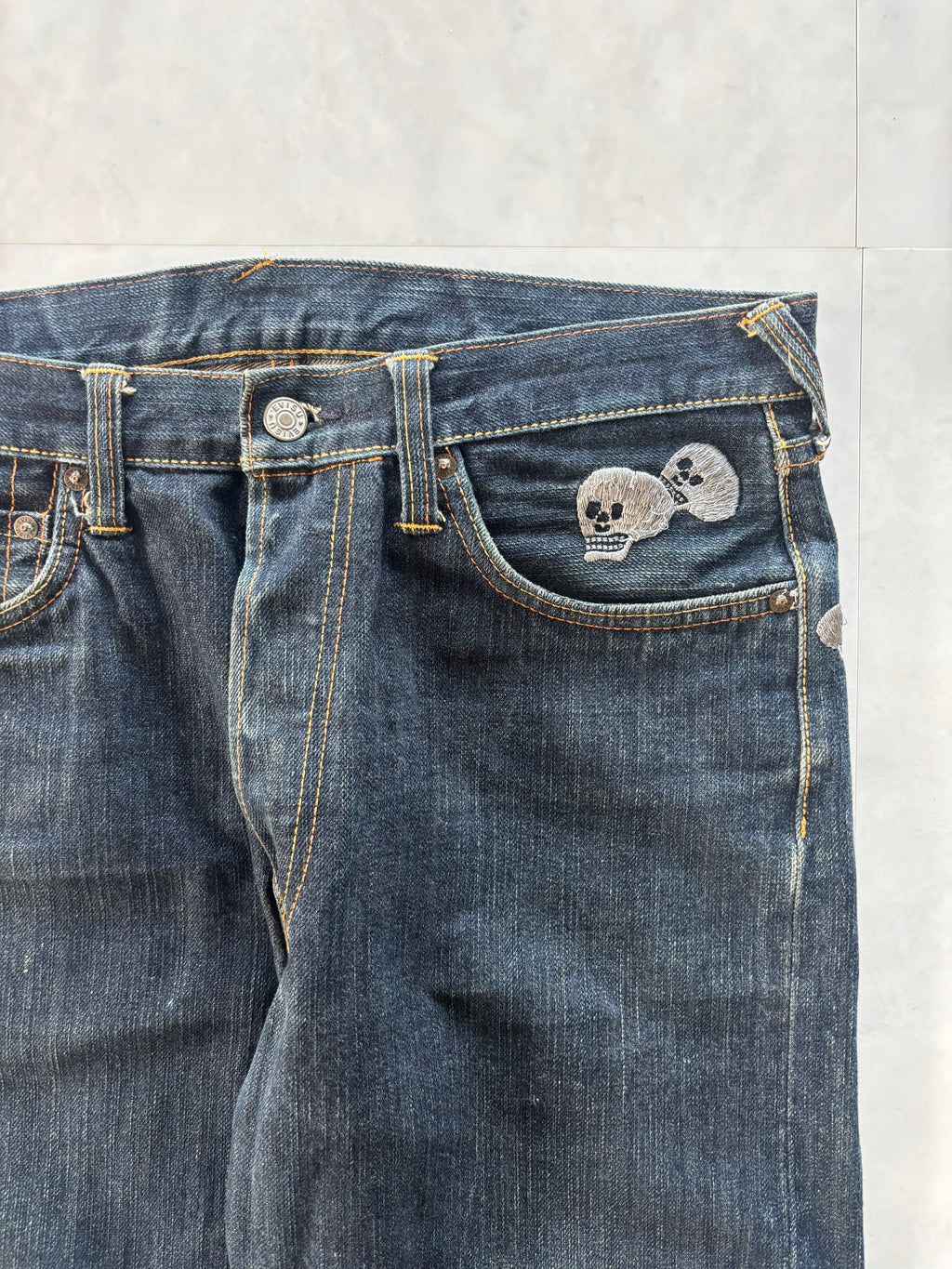 EVISU Skull All Over Embroidery Denim