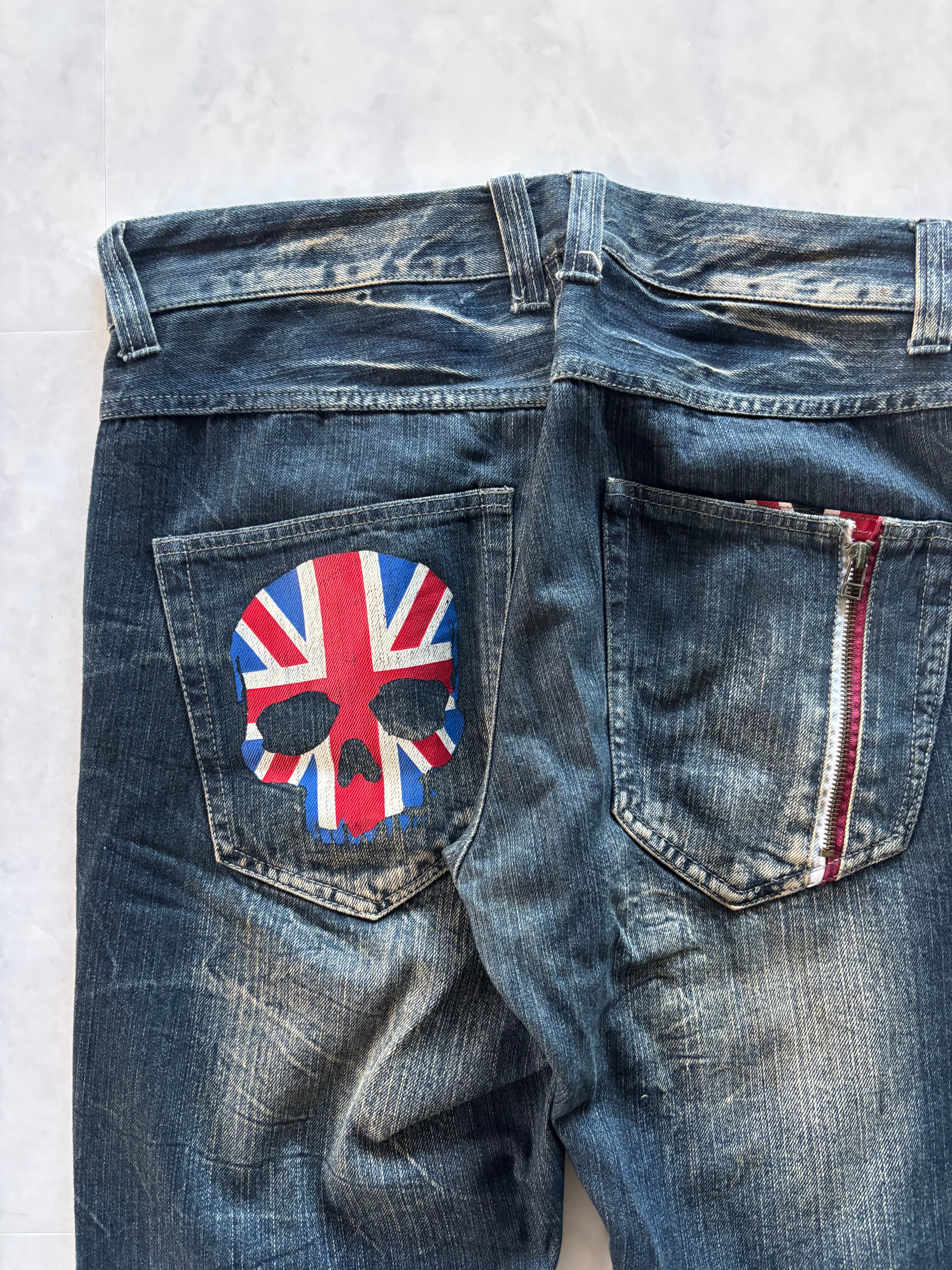 unknown uk skull destroyed flare denim