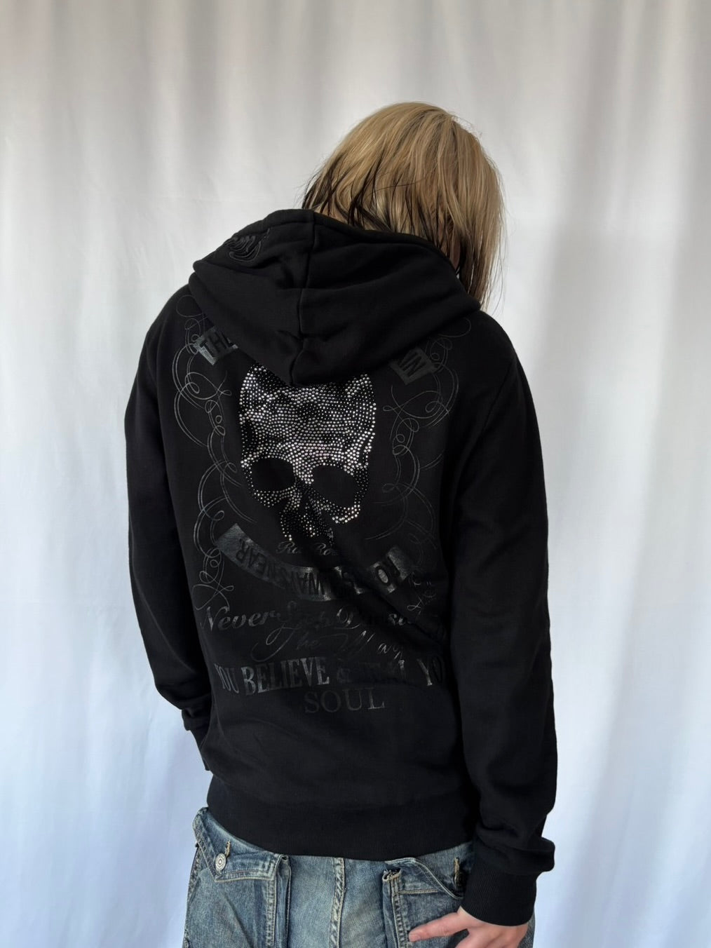 ROEN BLACKOUT SWAROVSKI SKULL ZIP HOODIE