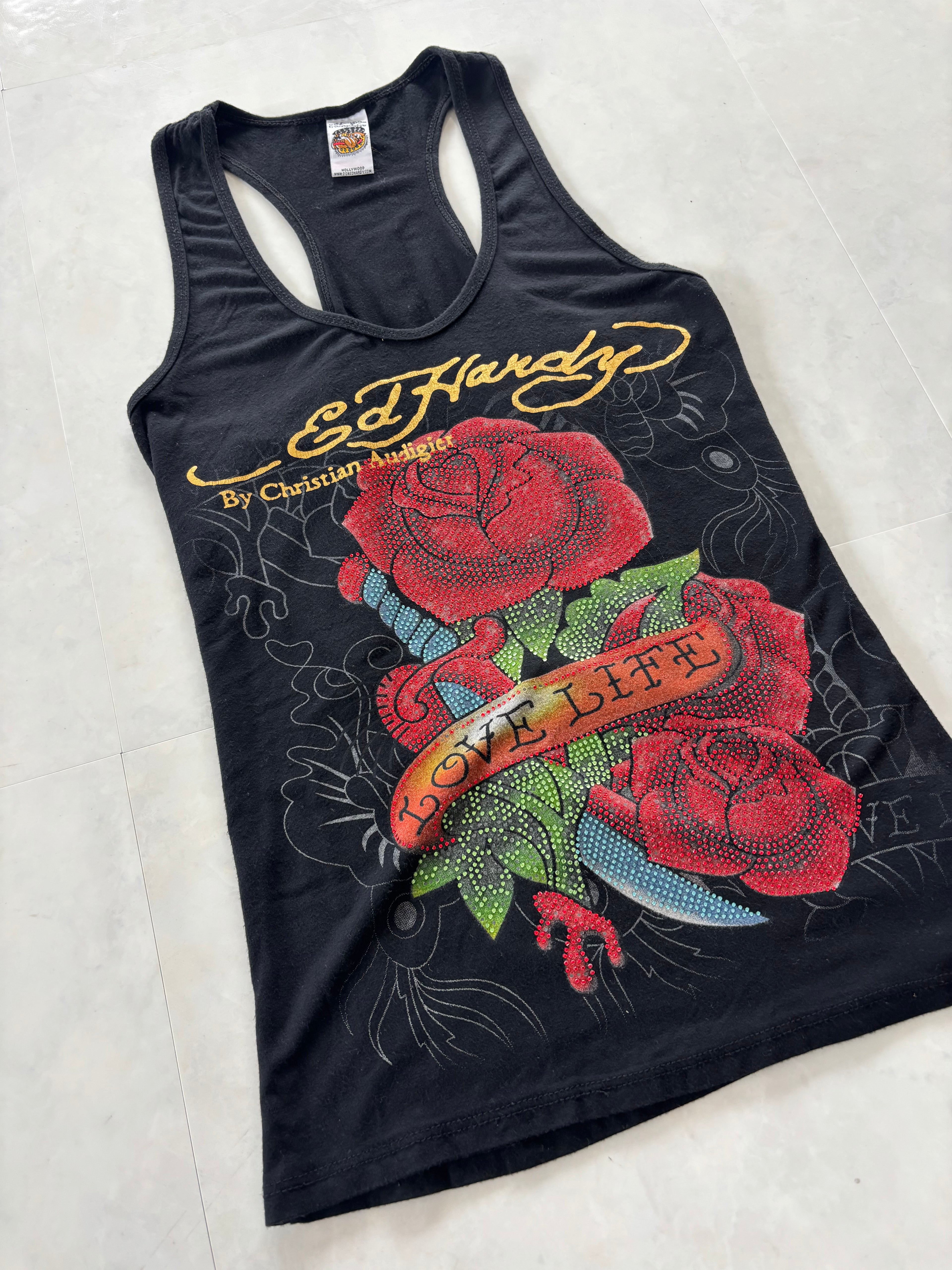 ED HARDY Rose Love Life Rhinestone Tank Top