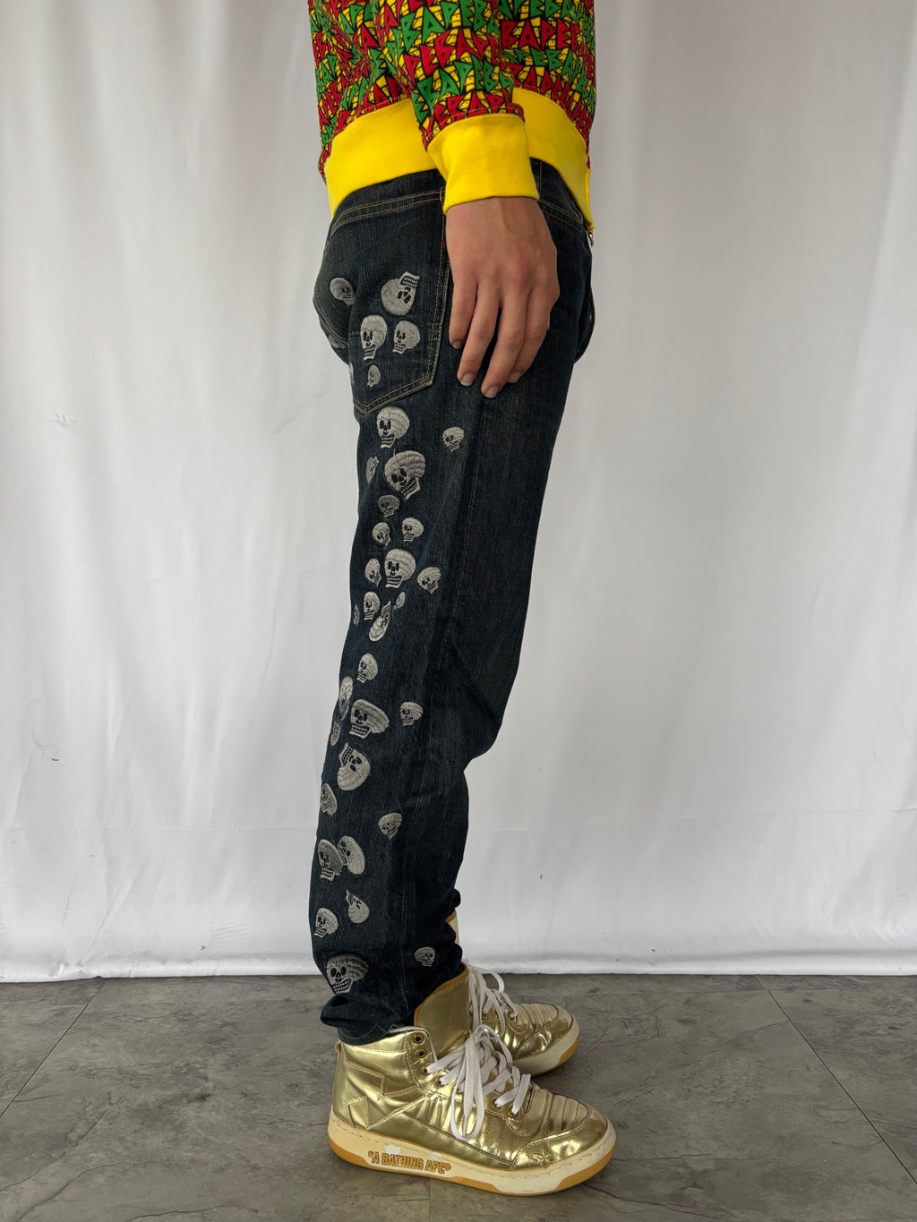 EVISU Skull All Over Embroidery Denim