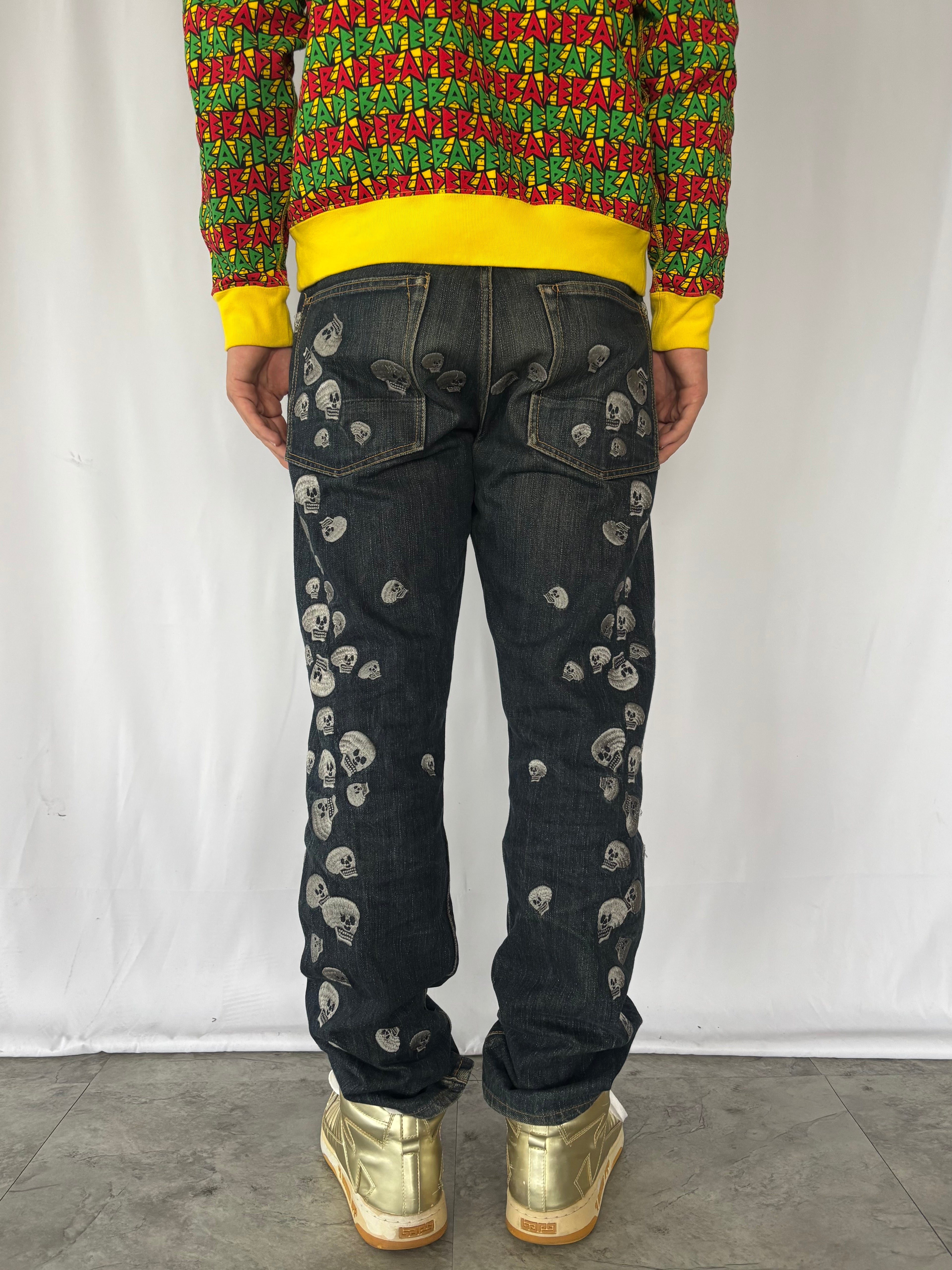 EVISU Skull All Over Embroidery Denim