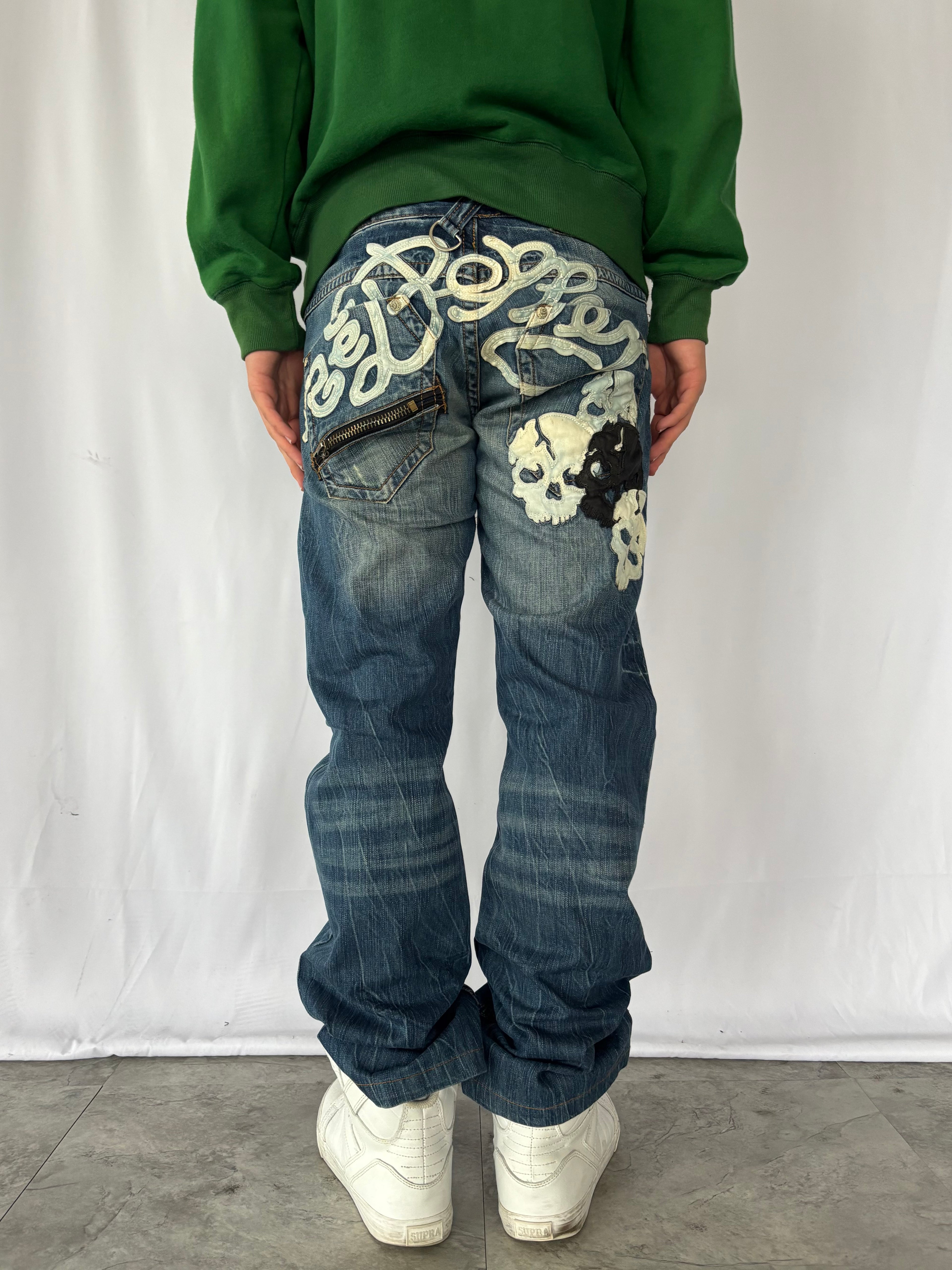 RED PEPPER skull heavy embroidery denim