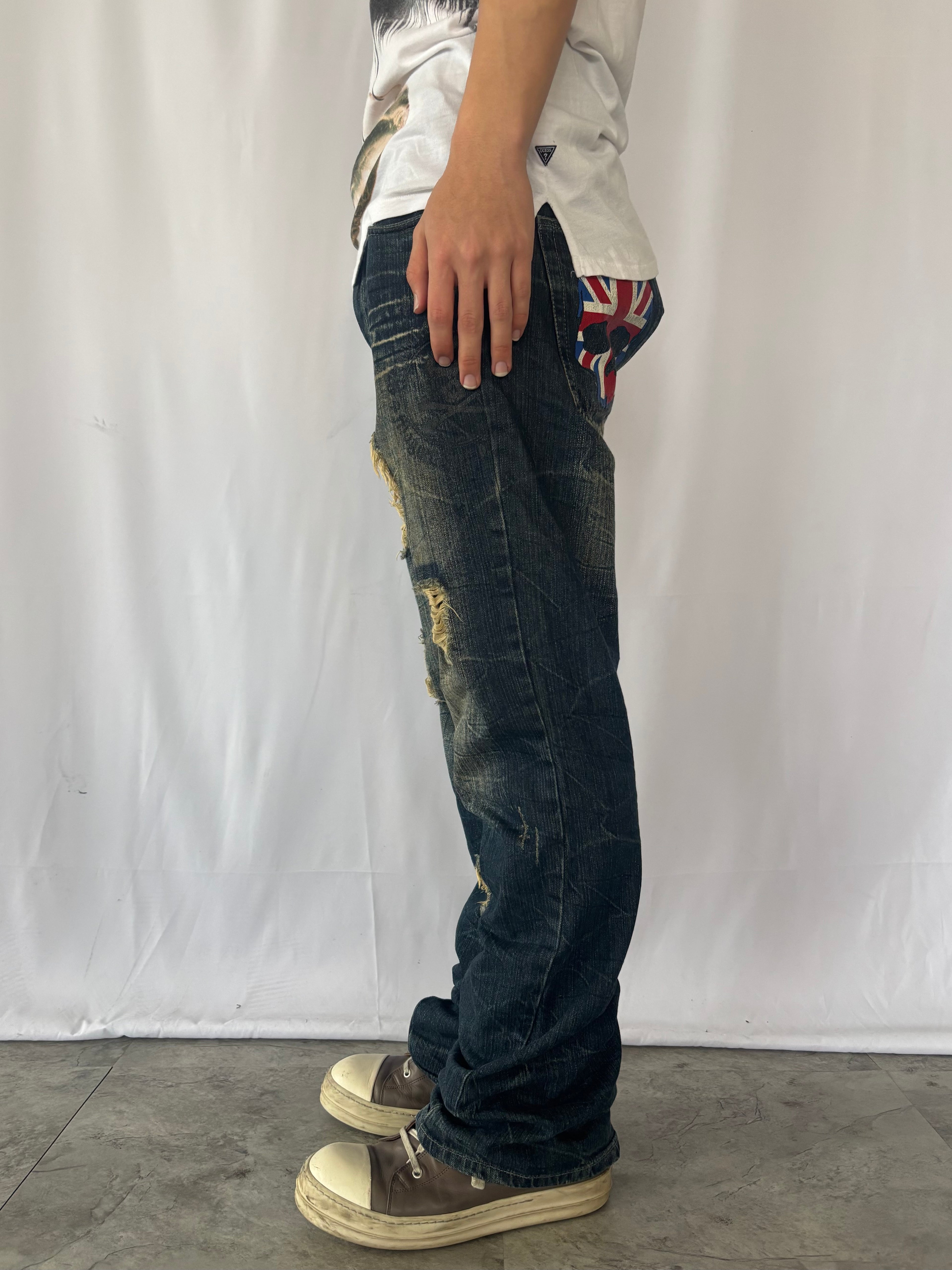 unknown uk skull destroyed flare denim