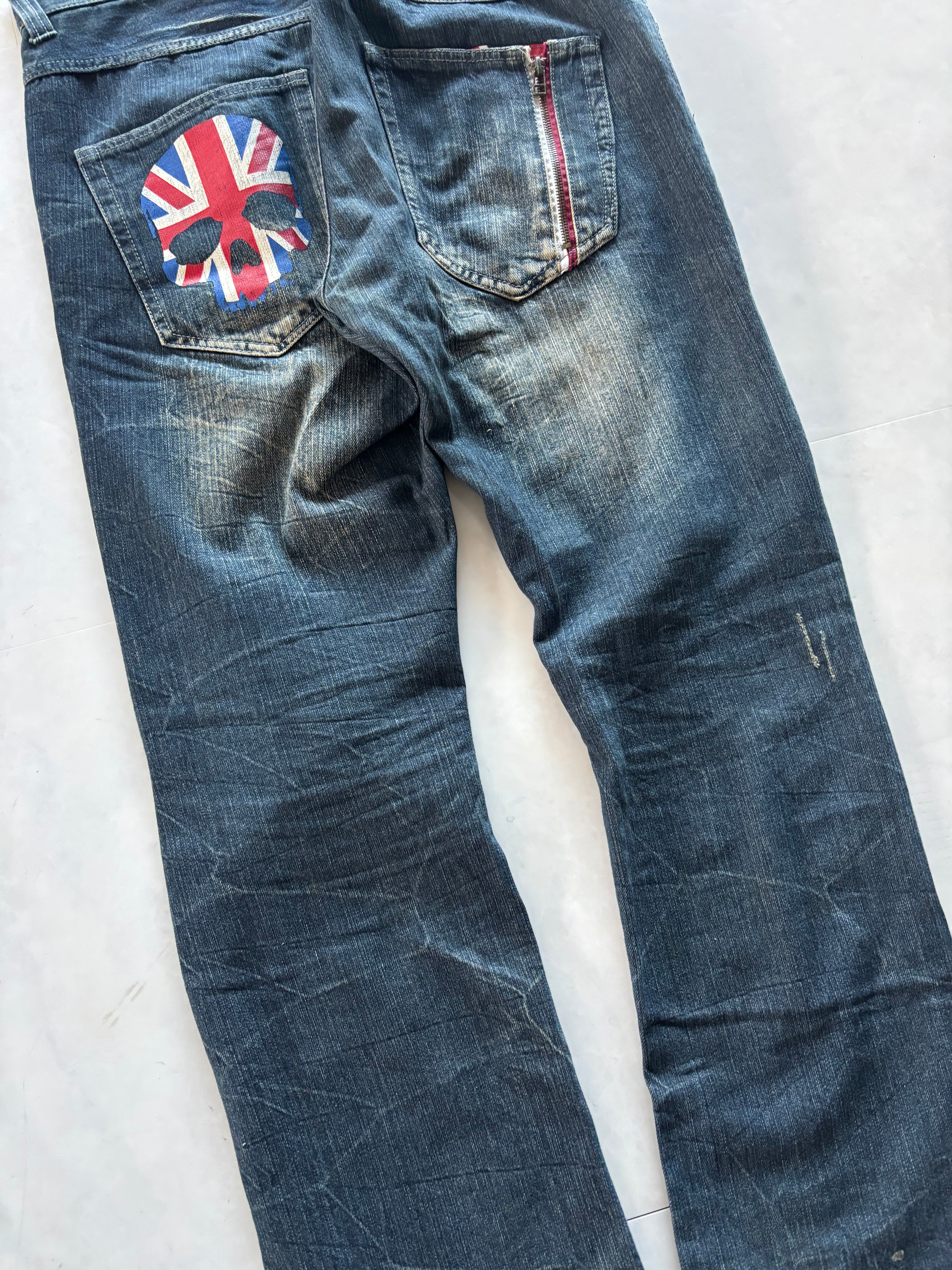 unknown uk skull destroyed flare denim