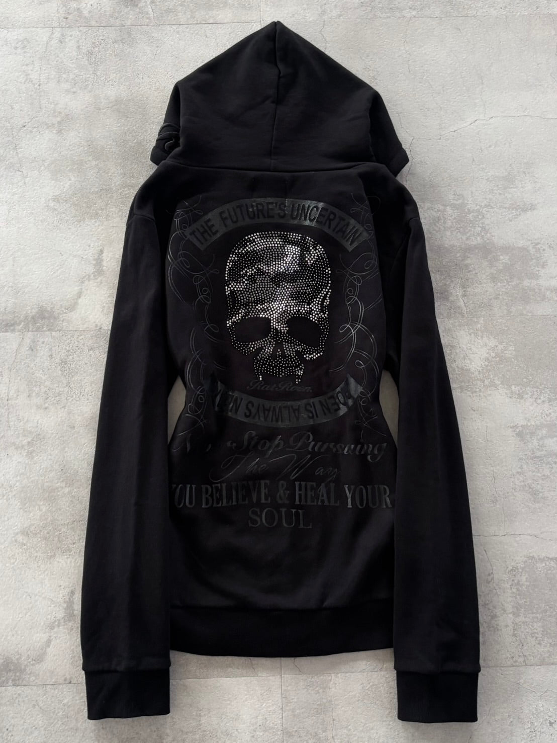 ROEN BLACKOUT SWAROVSKI SKULL ZIP HOODIE