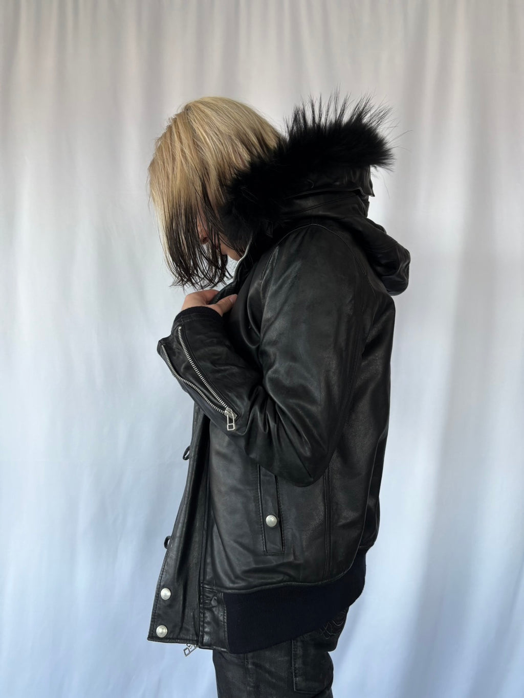 VANQUISH BLACK FUR LEATHER HOOD JACKET