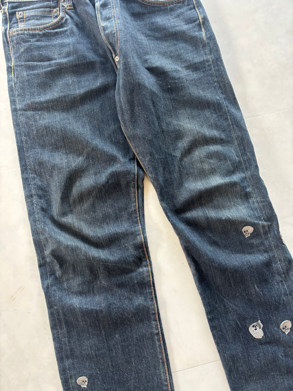 EVISU Skull All Over Embroidery Denim