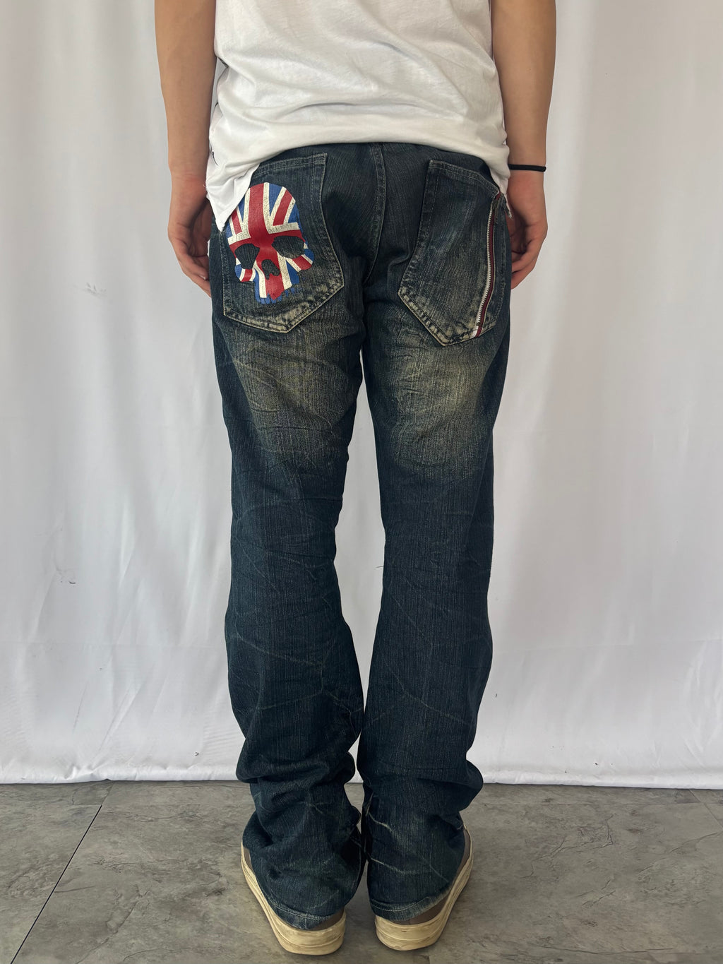 unknown uk skull destroyed flare denim