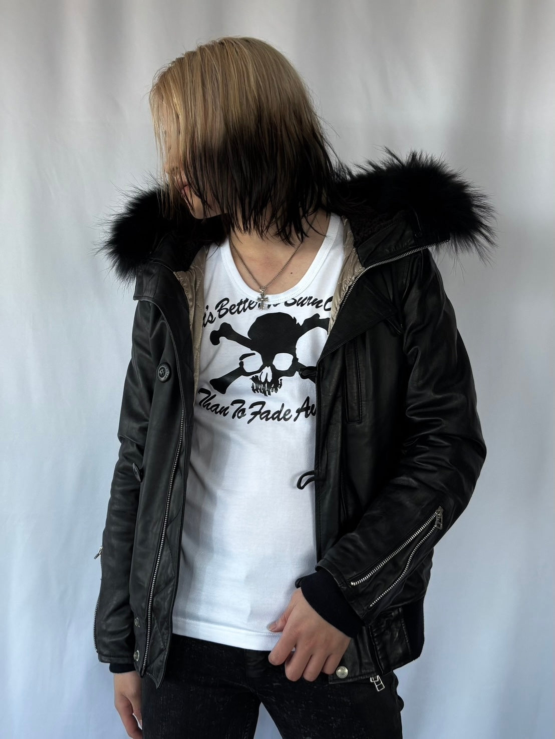 VANQUISH BLACK FUR LEATHER HOOD JACKET