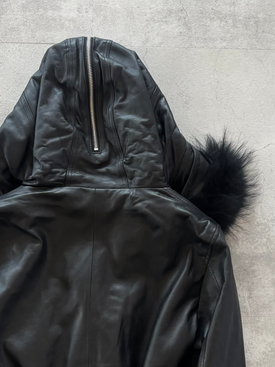VANQUISH BLACK FUR LEATHER HOOD JACKET
