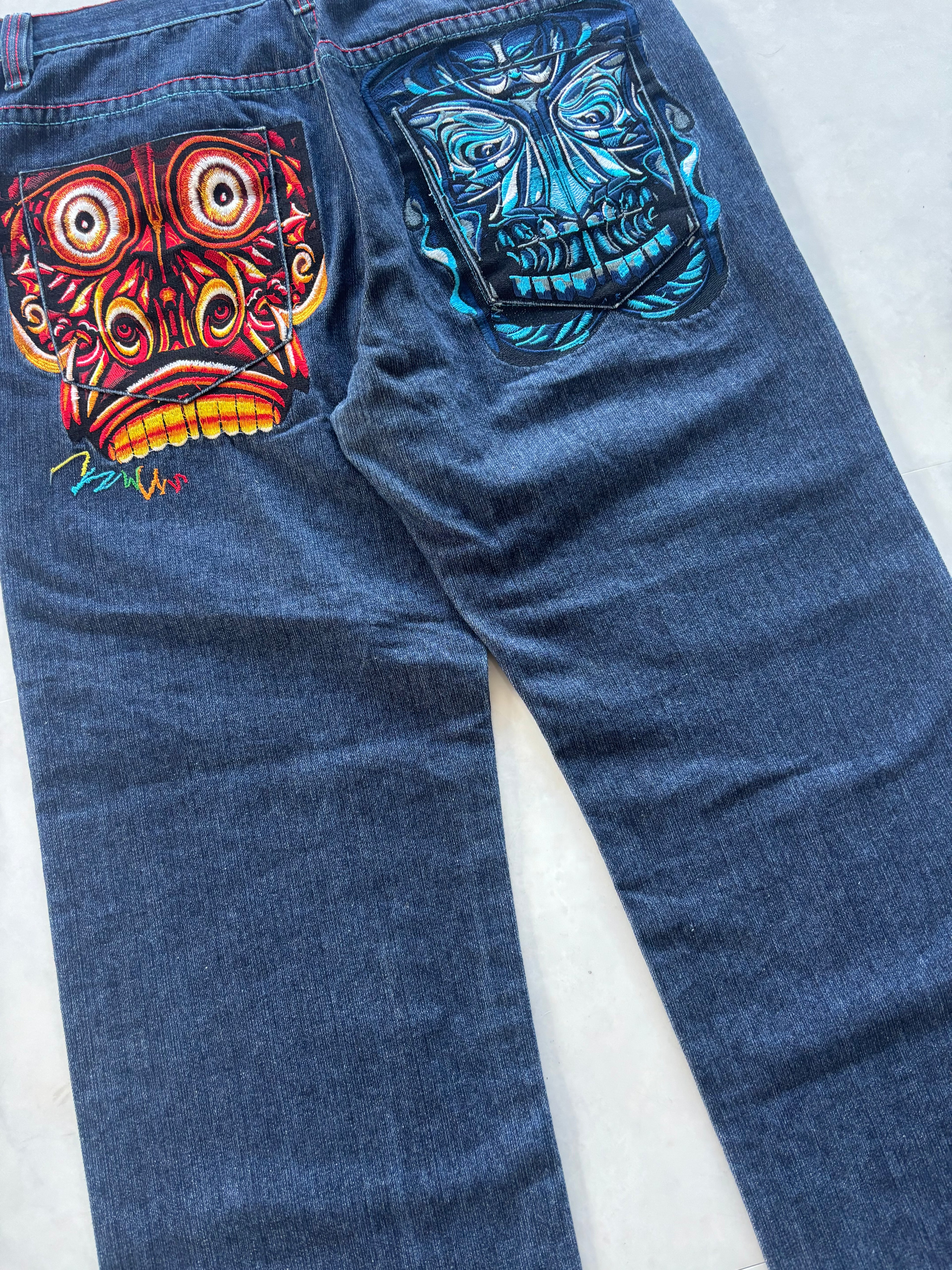 COOGI Tribal Mask Embroidery Denim