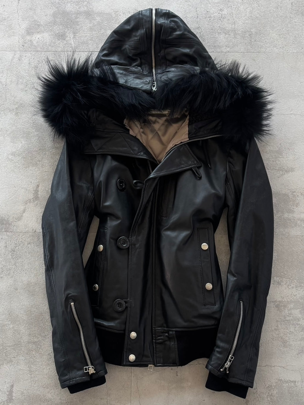 VANQUISH BLACK FUR LEATHER HOOD JACKET
