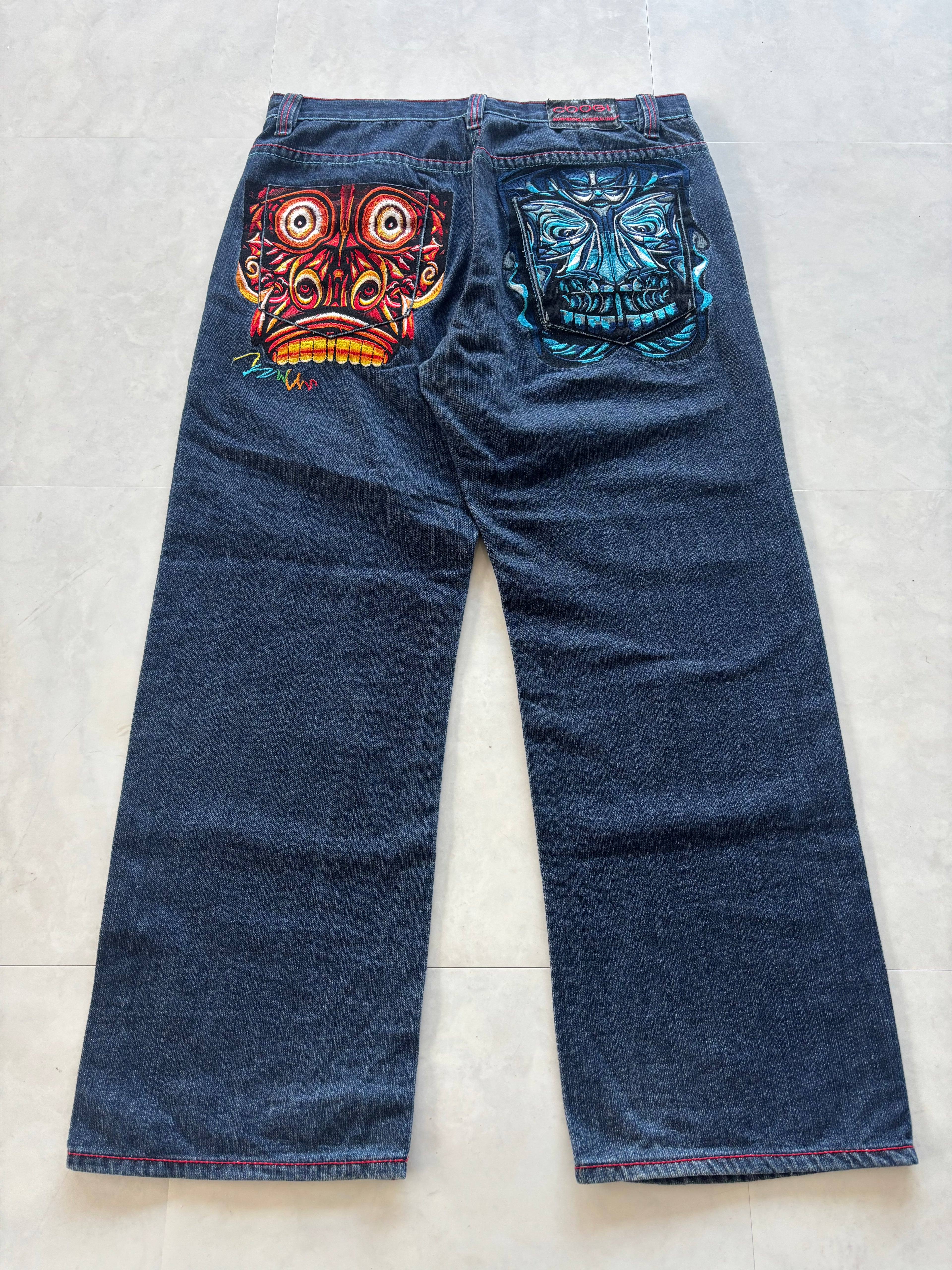 COOGI Tribal Mask Embroidery Denim