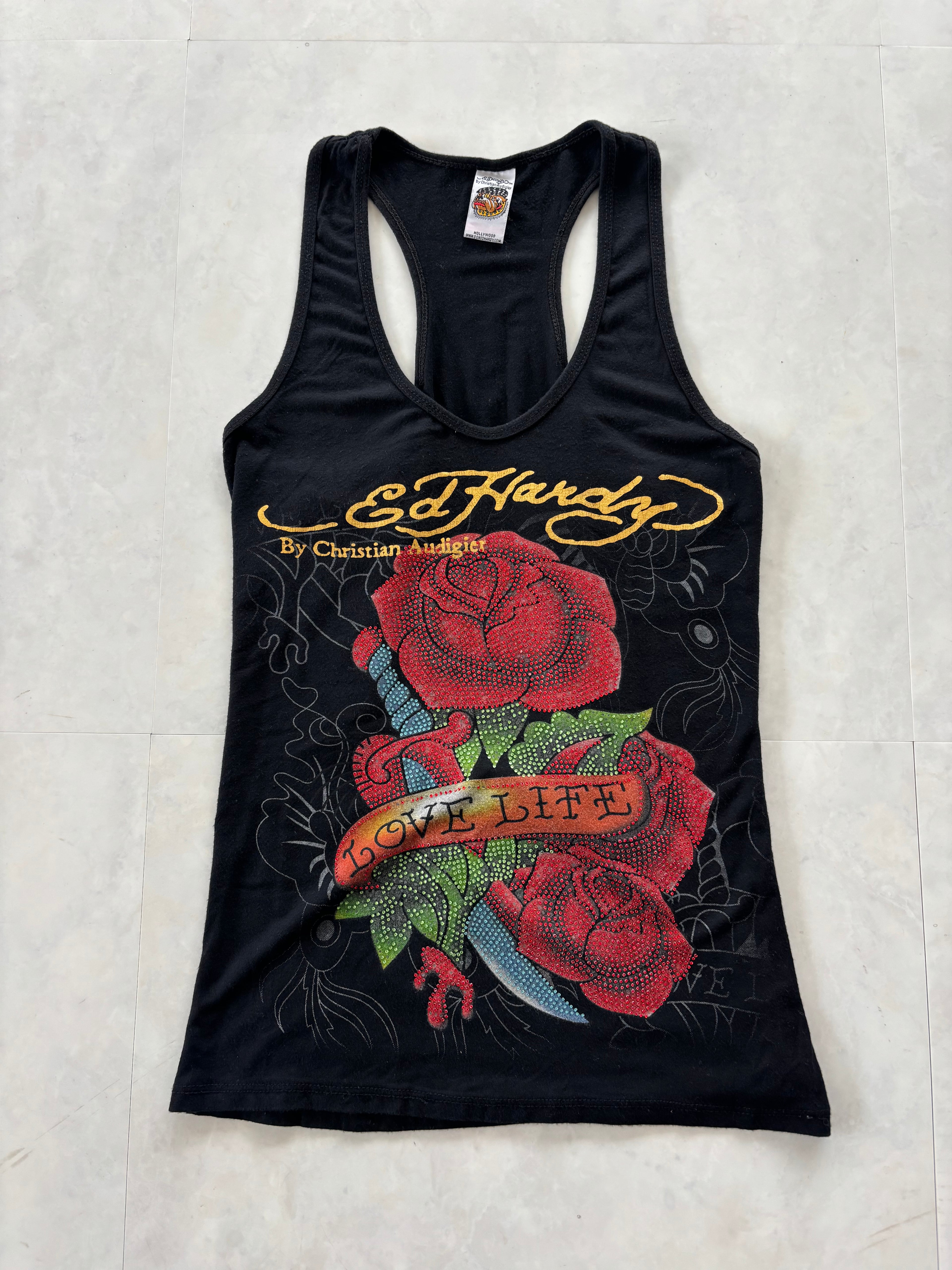 ED HARDY Rose Love Life Rhinestone Tank Top