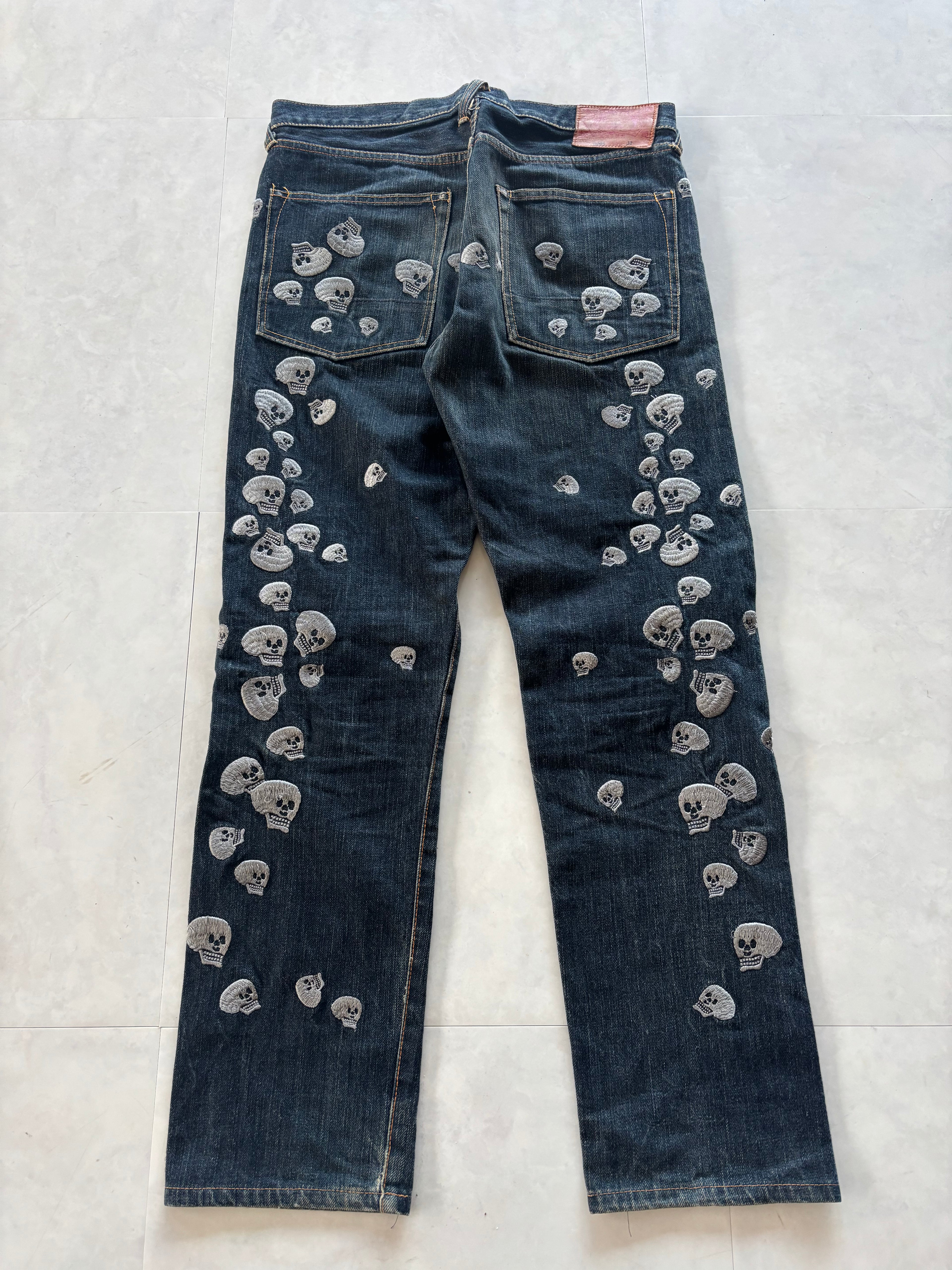 EVISU Skull All Over Embroidery Denim