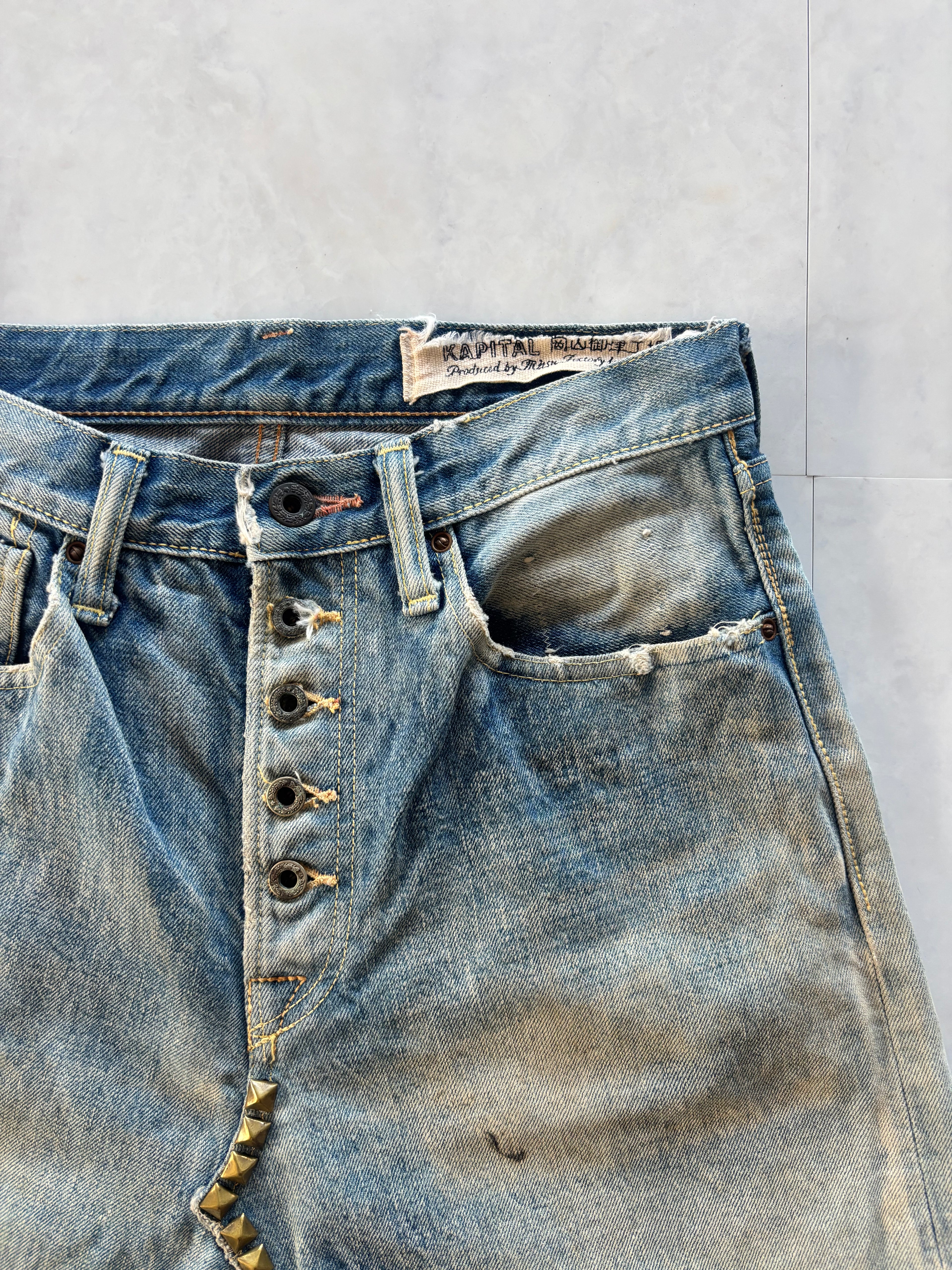 KAPITAL Deformed Sarouel Denim Shorts