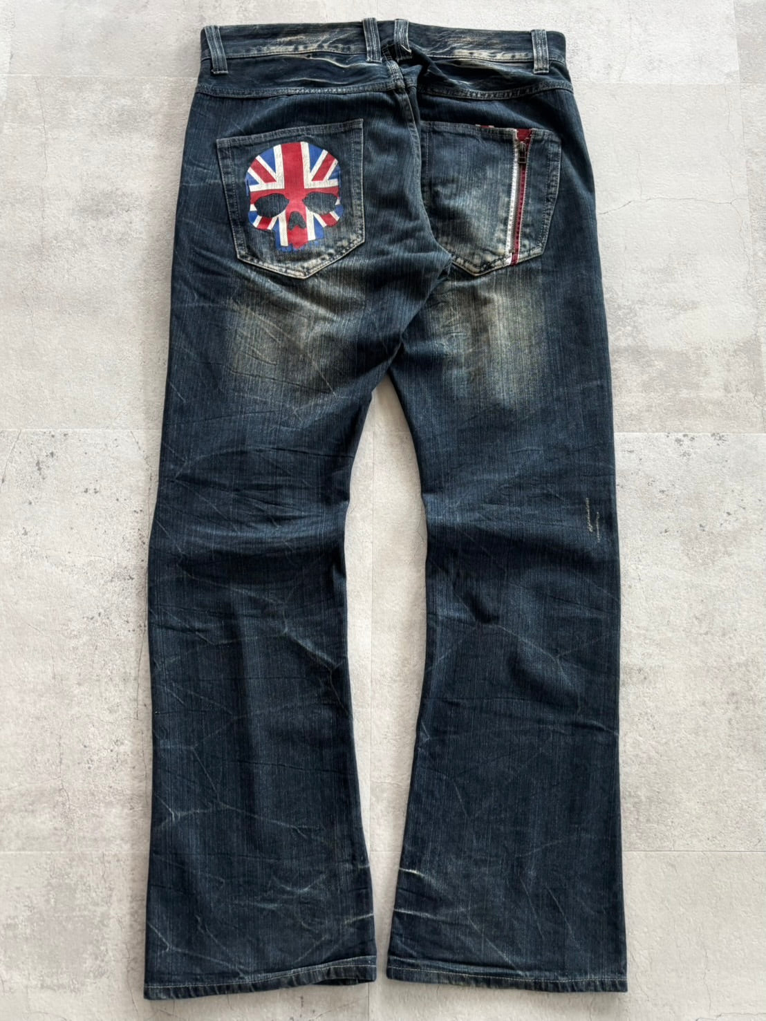 unknown uk skull destroyed flare denim