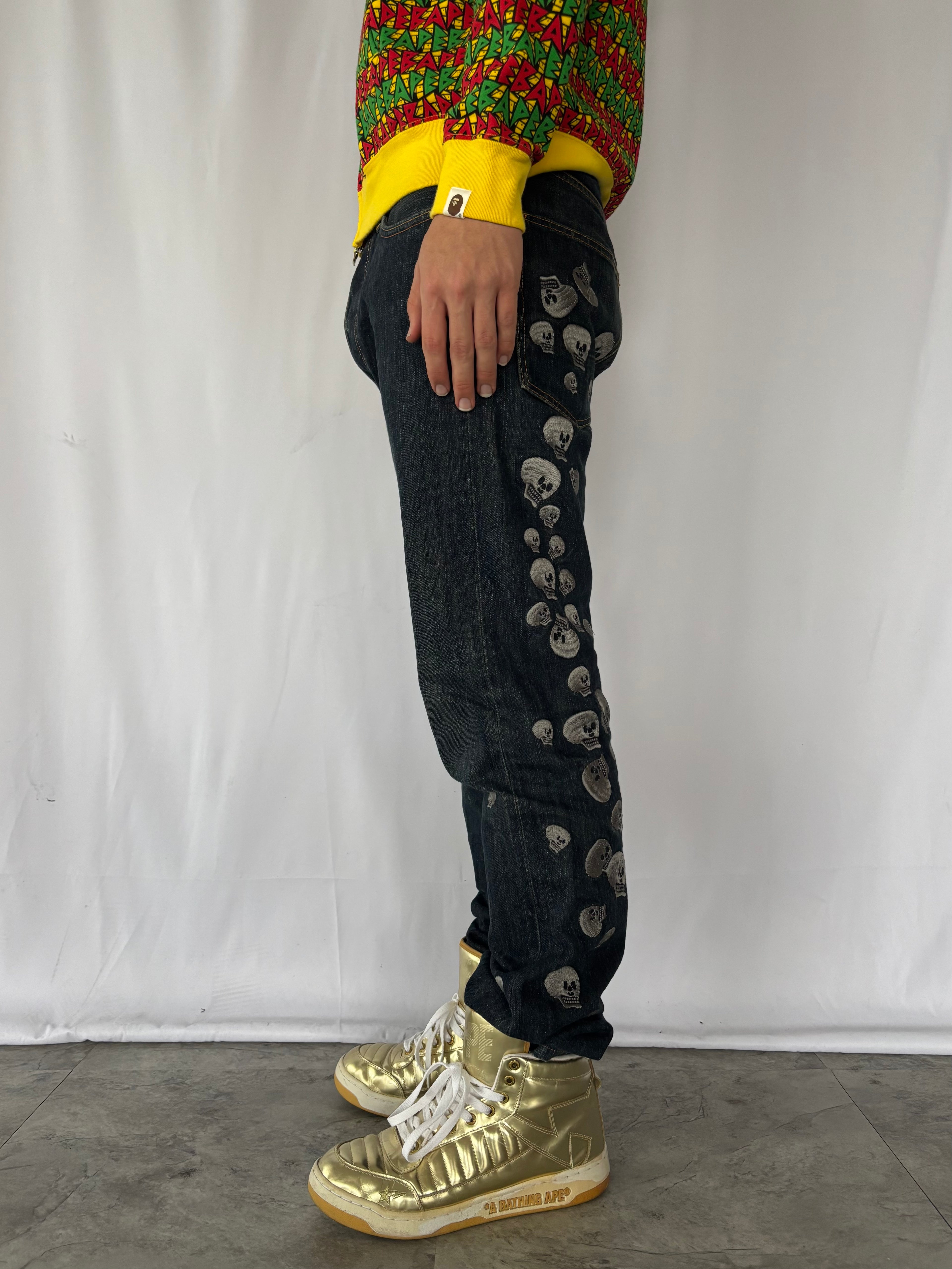 EVISU Skull All Over Embroidery Denim