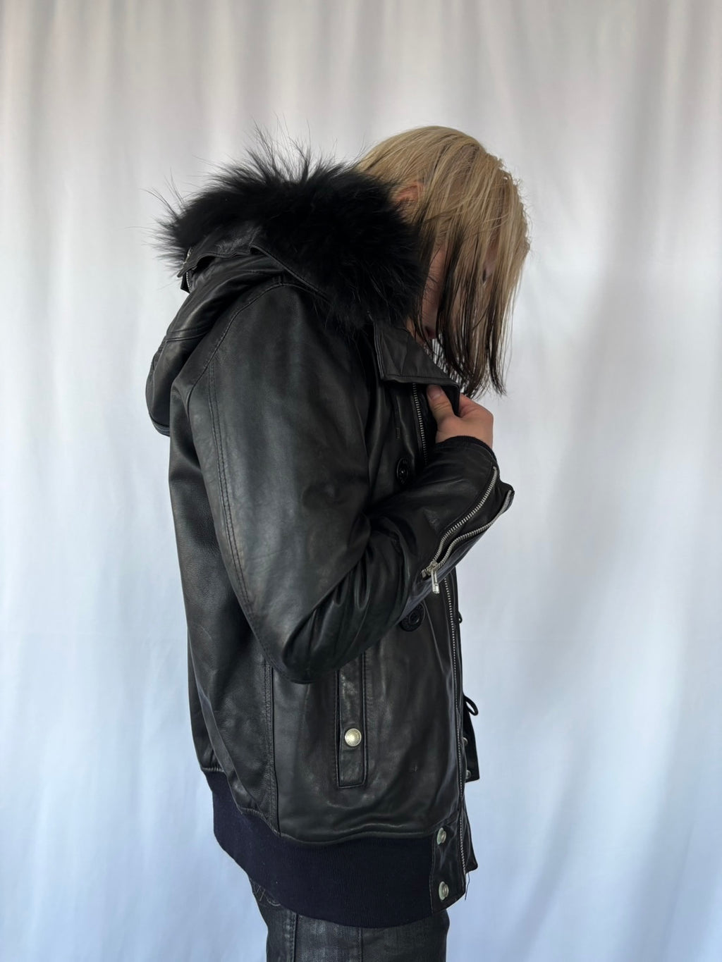 VANQUISH BLACK FUR LEATHER HOOD JACKET