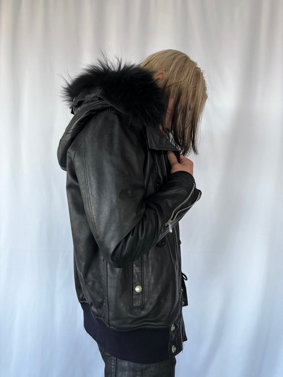 VANQUISH BLACK FUR LEATHER HOOD JACKET